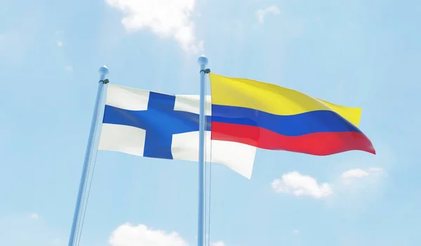 Colombia Finlandia Dos Banderas Ondeando Contra Cielo Azul Imagen — Foto de Stock