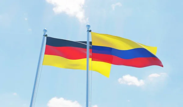 Kolumbien Und Deutschland Zwei Fahnen Wehen Vor Blauem Himmel Bild — Stockfoto