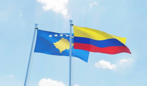 Colombia Kosovo Dos Banderas Ondeando Contra Cielo Azul Imagen — Foto de Stock