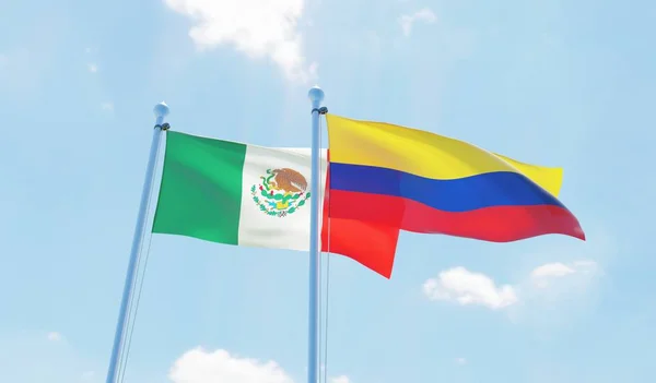 Kolumbien Und Mexiko Zwei Fahnen Wehen Vor Blauem Himmel Bild — Stockfoto