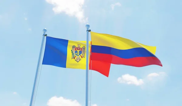 Kolumbien Und Moldawien Zwei Fahnen Wehen Vor Blauem Himmel Bild — Stockfoto