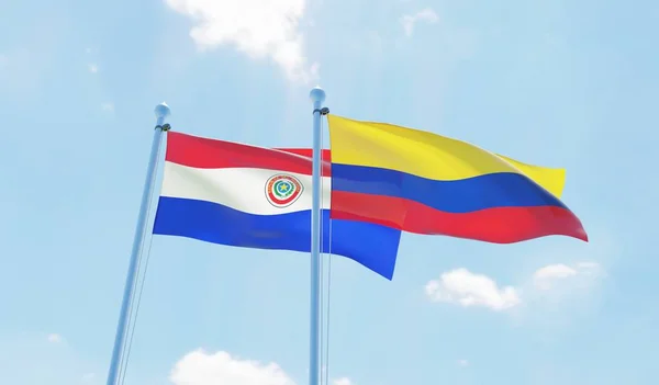 Colombia Paraguay Dos Banderas Ondeando Contra Cielo Azul Imagen — Foto de Stock