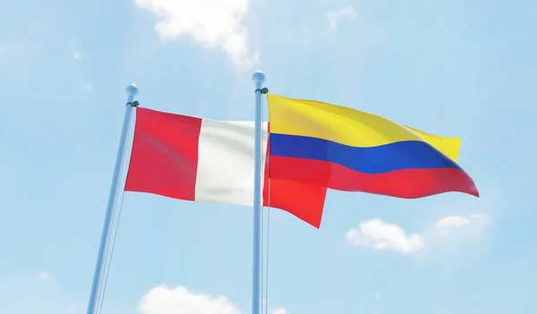 Colombia Perù Due Bandiere Sventolano Contro Cielo Blu Immagine — Foto Stock