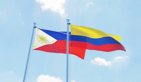 Kolombia Dan Filipina Dua Bendera Melambai Melawan Langit Biru Citra — Stok Foto
