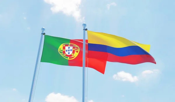 Kolumbia Portugalia Dwie Flagi Macha Przeciw Błękitne Niebo Obraz — Zdjęcie stockowe