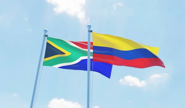 Colombia Sudafrica Due Bandiere Che Sventolano Contro Cielo Blu Immagine — Foto Stock
