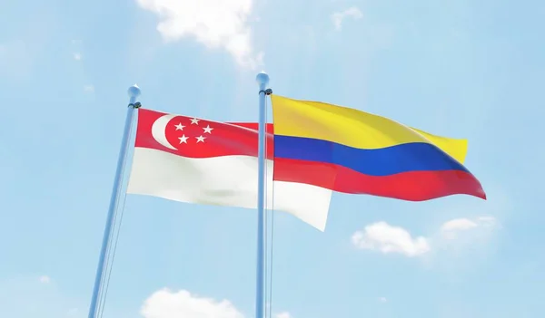 Colombia Singapur Dos Banderas Ondeando Contra Cielo Azul Imagen — Foto de Stock