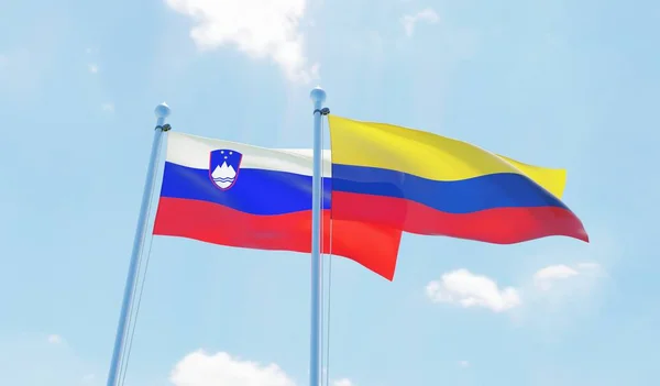 Kolumbien Und Slowenien Zwei Fahnen Wehen Vor Blauem Himmel Bild — Stockfoto