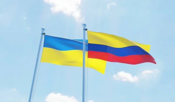 Kolumbien Und Die Ukraine Zwei Fahnen Wehen Vor Blauem Himmel — Stockfoto