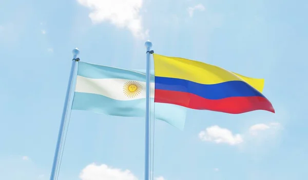 Colombia Argentina Dos Banderas Ondeando Contra Cielo Azul Imagen — Foto de Stock