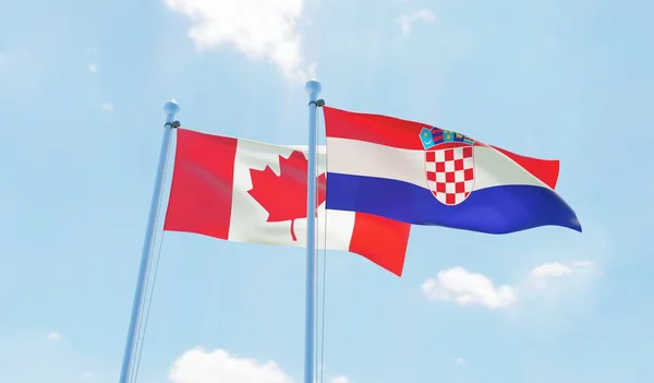 Croacia Canadá Dos Banderas Ondeando Contra Cielo Azul Imagen — Foto de Stock