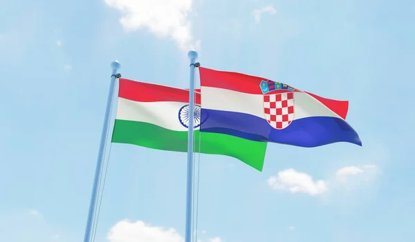 Croacia India Dos Banderas Ondeando Contra Cielo Azul Imagen — Foto de Stock