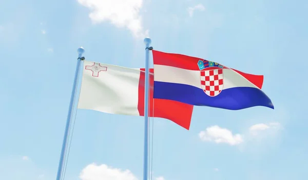 Croacia Malta Dos Banderas Ondeando Contra Cielo Azul Imagen — Foto de Stock
