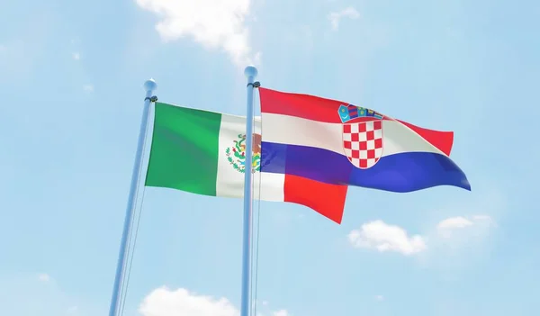 Croacia México Dos Banderas Ondeando Contra Cielo Azul Imagen — Foto de Stock