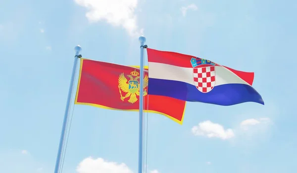 Croacia Montenegro Dos Banderas Ondeando Contra Cielo Azul Imagen — Foto de Stock