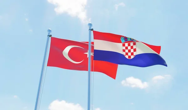 Croacia Turquía Dos Banderas Ondeando Contra Cielo Azul Imagen — Foto de Stock