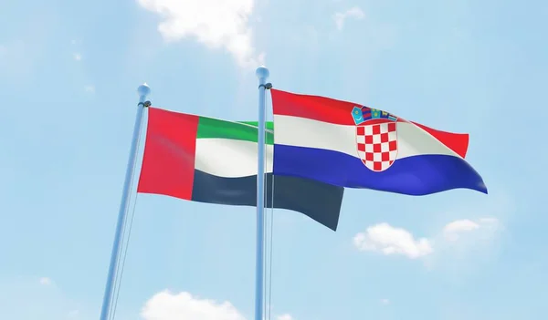 Croacia Los Emiratos Árabes Unidos Dos Banderas Ondeando Contra Cielo — Foto de Stock