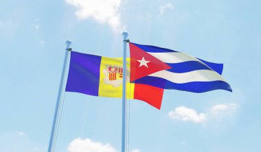 Küba ve Andorra, iki bayrak sallayarak karşı mavi gökyüzü. 3D görüntü