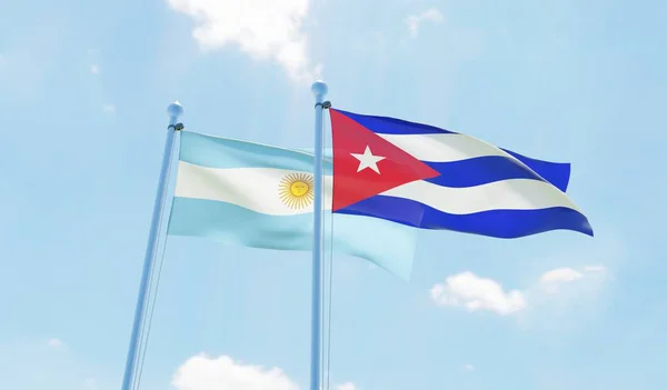 古巴和阿根廷 两旗飘扬在蓝天上 — 图库照片