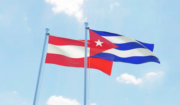 Cuba Austria Two Flags Waving Blue Sky Image — Stock Photo, Image