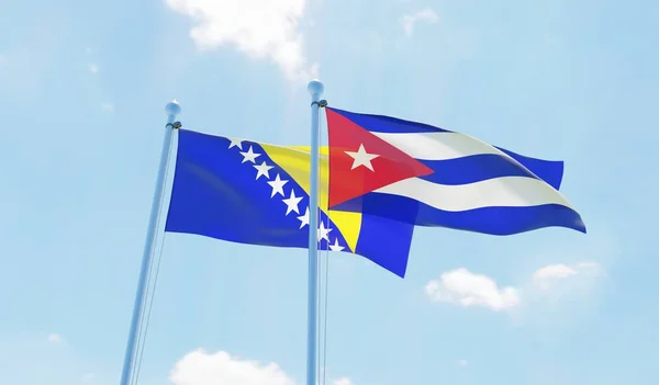 Kuba Och Bosnien Och Hercegovina Två Flaggor Vajande Mot Blå — Stockfoto