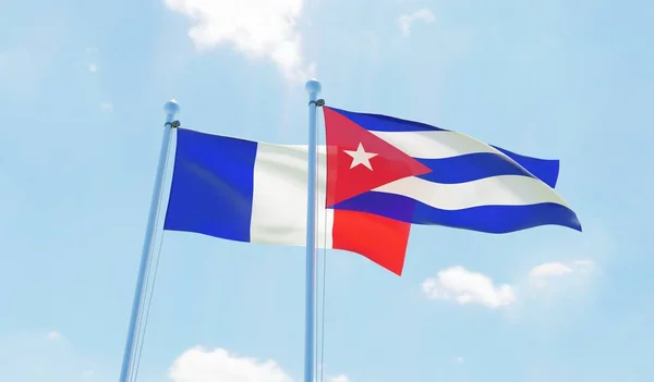 Κούβα Και Γαλλία Δύο Σημαίες Ανεμίζουν Κατά Της Μπλε Του — Φωτογραφία Αρχείου