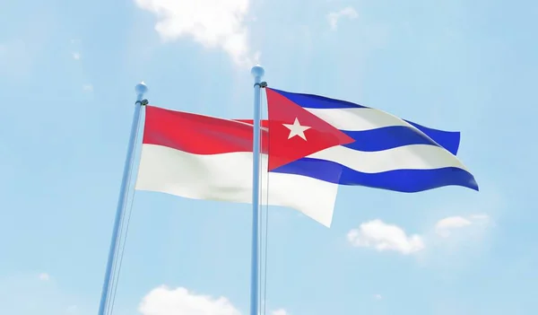 Cuba Indonesia Two Flags Waving Blue Sky Image — Stock Photo, Image