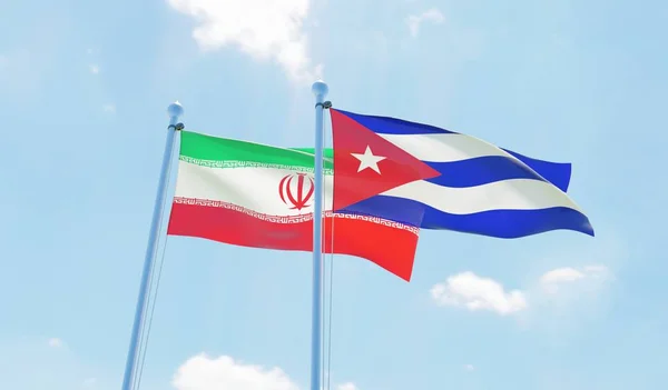 Küba ve Iran, iki bayrak sallayarak karşı mavi gökyüzü. 3D görüntü