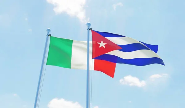 Cuba Italy Two Flags Waving Blue Sky Image — Stock Photo, Image