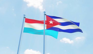 Küba ve Lüksemburg, iki bayrak sallayarak karşı mavi gökyüzü. 3D görüntü