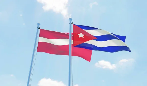 Cuba Latvia Two Flags Waving Blue Sky Image — Stock Photo, Image