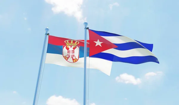 Cuba and Serbia, two flags waving against blue sky. 3d image