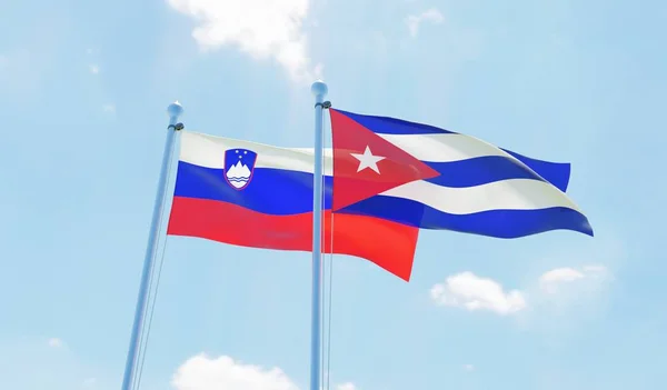 Cuba Slovenia Two Flags Waving Blue Sky Image — Stock Photo, Image