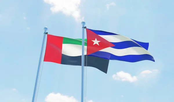 Cuba United Arab Emirates Two Flags Waving Blue Sky Image — Stock Photo, Image