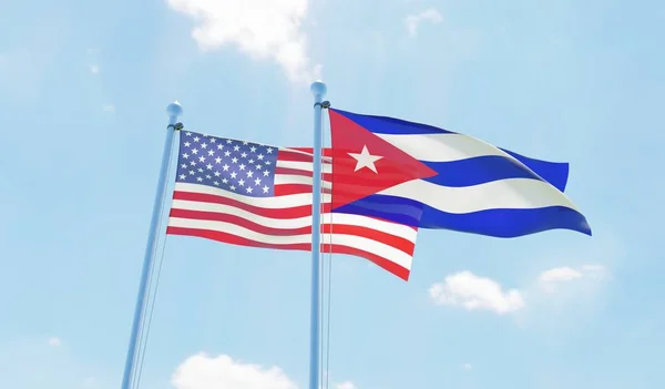 Cuba and USA, two flags waving against blue sky. 3d image