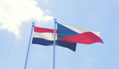 Çek Cumhuriyeti ve Türkiye, iki bayrak sallayarak karşı mavi gökyüzü. 3D görüntü