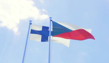 Çek Cumhuriyeti ve Finlandiya, iki bayrak sallayarak karşı mavi gökyüzü. 3D görüntü
