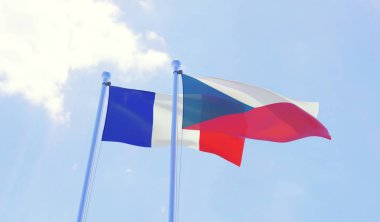 Çek Cumhuriyeti ve Fransa, iki bayrak sallayarak karşı mavi gökyüzü. 3D görüntü