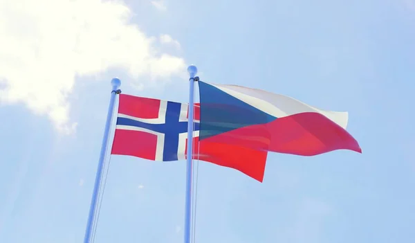 Czech Republic Norway Two Flags Waving Blue Sky Image — Stock Photo, Image