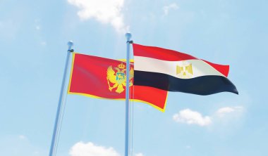 Mısır ve Karadağ, iki bayrak sallayarak karşı mavi gökyüzü. 3D görüntü