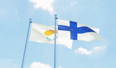 Finlandiya ve Kıbrıs ' ta iki bayrak sallayarak karşı mavi gökyüzü. 3D görüntü