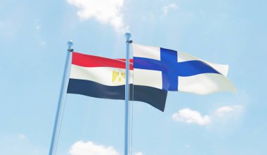 Finlandiya ve Mısır, iki bayrak sallayarak karşı mavi gökyüzü. 3D görüntü