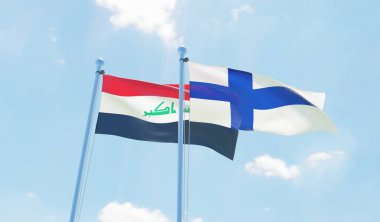 Finlandiya ve Irak, iki bayrak sallayarak karşı mavi gökyüzü. 3D görüntü