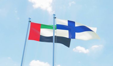 Finlandiya ve Birleşik Arap Emirlikleri, iki bayrak sallayarak karşı mavi gökyüzü. 3D görüntü