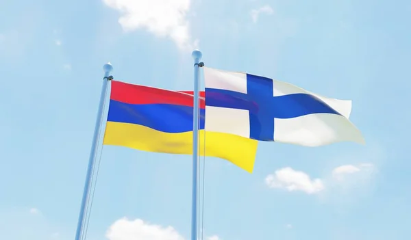 Finlandia Armenii Dwie Flagi Macha Przeciw Błękitne Niebo Obraz — Zdjęcie stockowe