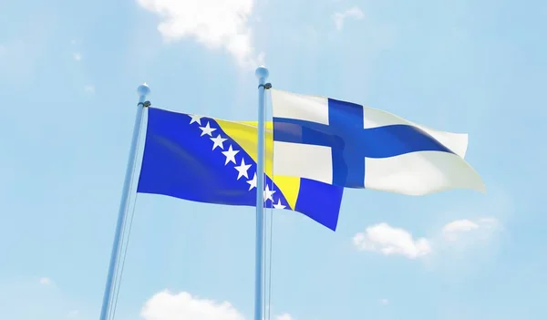 Finlandia Bośnią Hercegowiną Dwie Flagi Macha Przeciw Błękitne Niebo Obraz — Zdjęcie stockowe