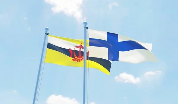 Finlandia Brunei Dwie Flagi Macha Przeciw Błękitne Niebo Obraz — Zdjęcie stockowe