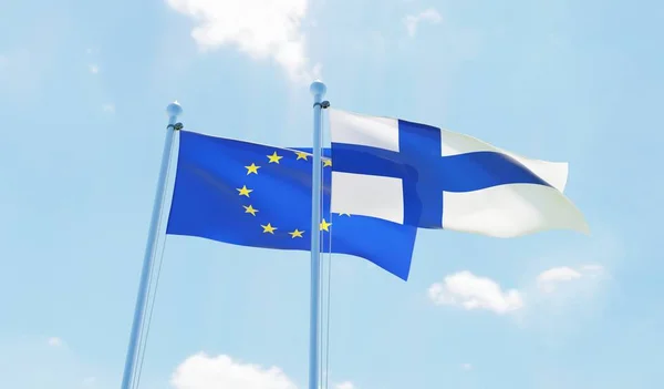 Finlandia Unii Europejskiej Dwie Flagi Macha Przeciw Błękitne Niebo Obraz — Zdjęcie stockowe