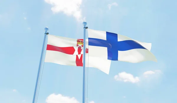 Finlandii Irlandii Północnej Dwie Flagi Macha Przeciw Błękitne Niebo Obraz — Zdjęcie stockowe