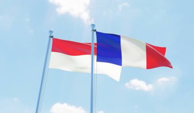 Fransa ve Monaco, iki bayrak sallayarak karşı mavi gökyüzü. 3D görüntü